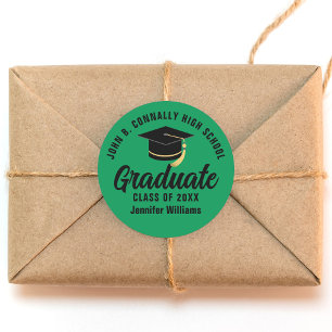 Pegatina Redonda Fiesta de Graduación Personalizada Verde Negro Gra