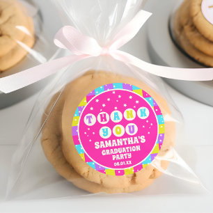 Pegatina Redonda Fiesta de Graduación Retro Neon Gracias