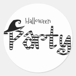 Pegatina Redonda Fiesta de Halloween de Bruja en Blanco y Negro