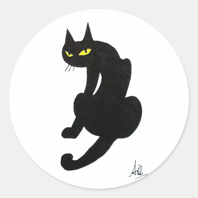 PEGATINA REDONDA FIESTA DE HALLOWEEN DEL GATO NEGRO (Anverso)