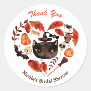 Pegatina Redonda Fiesta de Halloween Gato Negro Acuarela Caprichosa