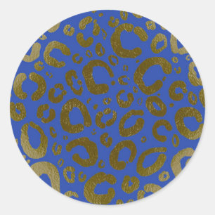 Pegatina Redonda Fiesta de impresión Royal Blue & Gold Glam Leopard