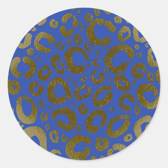 Pegatina Redonda Fiesta de impresión Royal Blue & Gold Glam Leopard (Anverso)