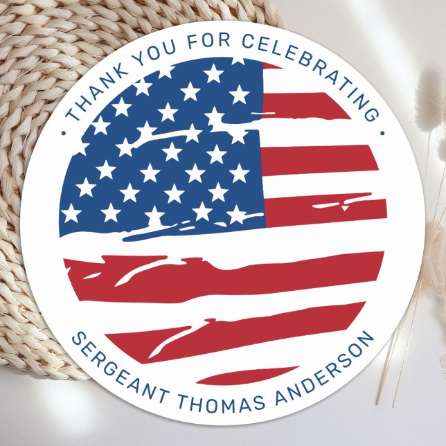 Pegatina Redonda Fiesta de Jubilación Militar Bandera Estadounidens (Subido por el creador)