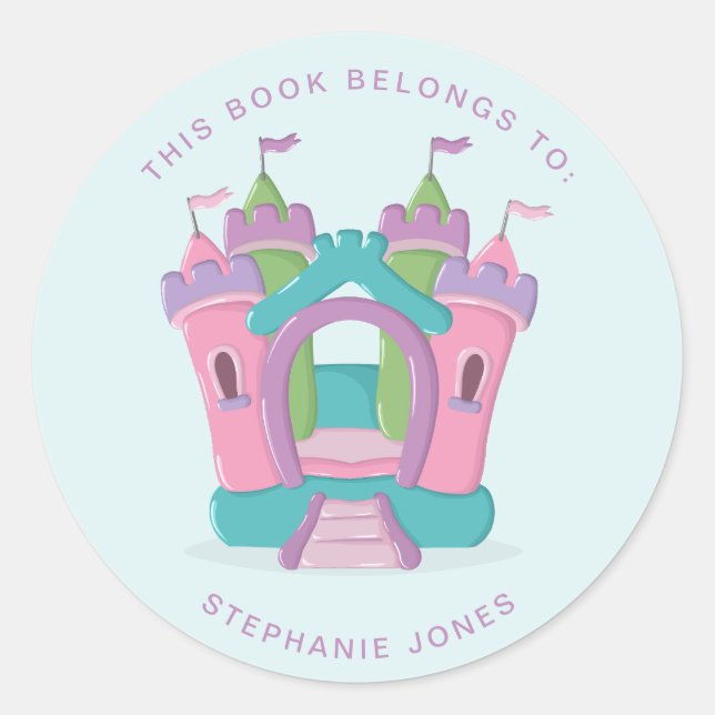 Pegatina Redonda Fiesta de la casa de rebote Este libro pertenece a (Anverso)