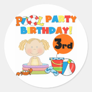 Pegatina Redonda Fiesta de la piscina camisetas de cumpleaños y reg