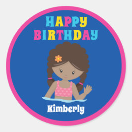 Pegatina Redonda Fiesta de la piscina de Chicas afroamericanos Cump