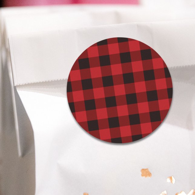 Pegatina Redonda fiesta de leñador de invierno rústico con cuadros  (rustic winter lumberjack red buffalo plaid party classic round sticker)