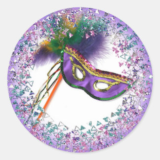 Pegatina Redonda Fiesta de Máscaras con Máscara de Pluma Púrpura