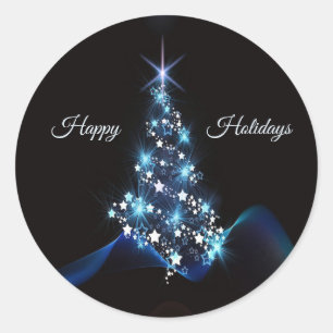 Pegatina Redonda Fiesta de Navidad Árbol Azul Brillante Negro Elega