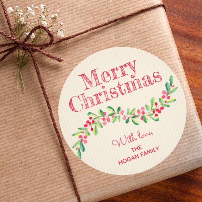 Pegatina Redonda Fiesta de Navidad con Acebo y Bayas (Christmas stickers with leaves and berries personalized for gift giving)