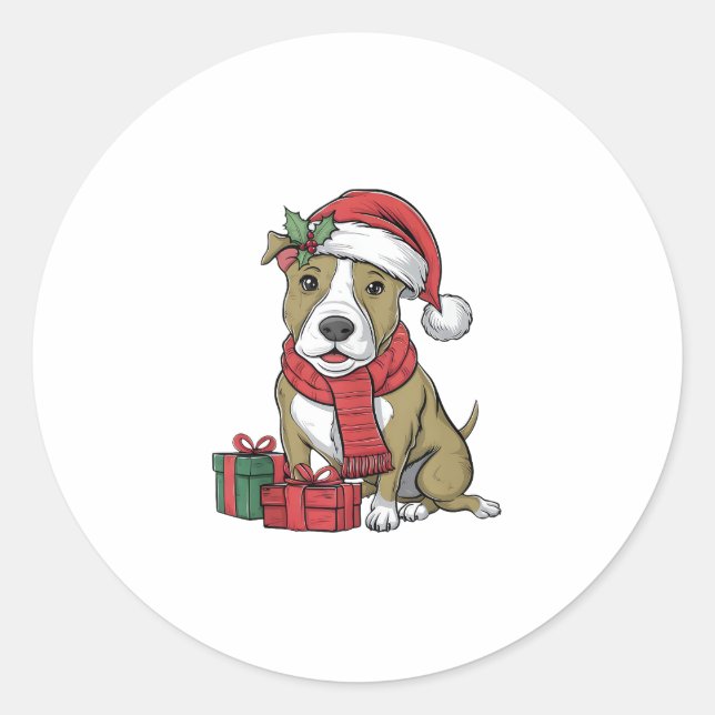 Pegatina Redonda Fiesta de Navidad Decoración Perro de Pitbull (Anverso)