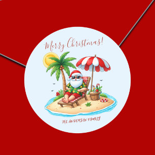 Pegatina Redonda Fiesta de Navidad en la Playa Tropical & Santa