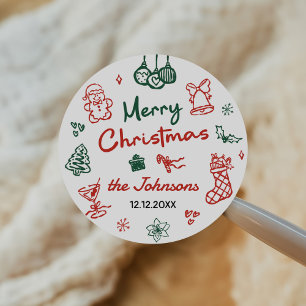 Pegatina Redonda Fiesta de Navidad Friendsmas Dibujada a Mano Retro