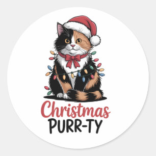 Pegatina Redonda Fiesta de Navidad Gatos envueltos en Navidad Xmas 