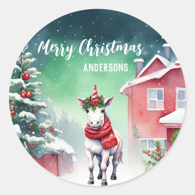 Pegatina Redonda Fiesta de nieve de cumpleaños de unicornio (Anverso)