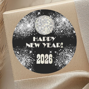 Pegatina Redonda Fiesta de Nochevieja 2026 Black Silver Glitter