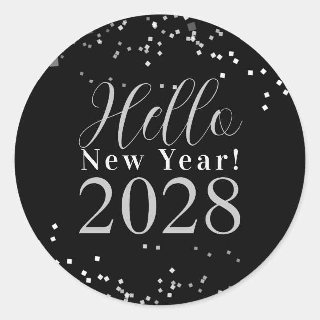 Pegatina Redonda Fiesta de Nochevieja Brillo Negro Plateado (Anverso)