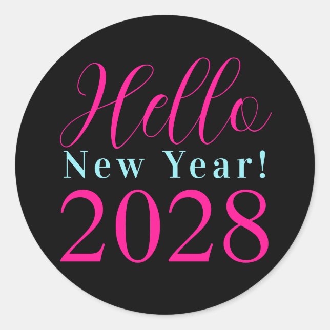 Pegatina Redonda Fiesta de Nochevieja Negro Rosa Fucsia (Anverso)