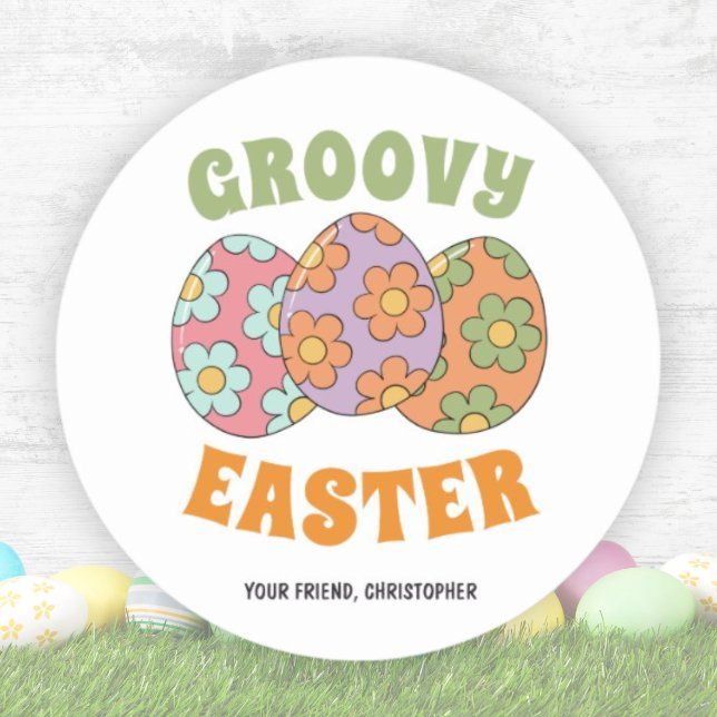 Pegatina Redonda Fiesta de Pascua Cute Retro Groovy (Cute Retro Groovy Easter Party Classic Round Sticker)