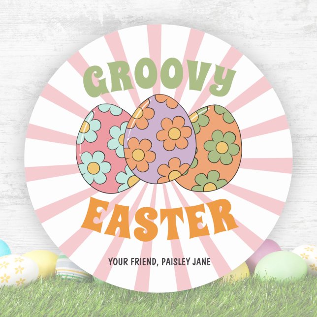 Pegatina Redonda Fiesta de Pascua de Retro Rosado (Cute Pink Retro Groovy Easter Party Classic Round Sticker)