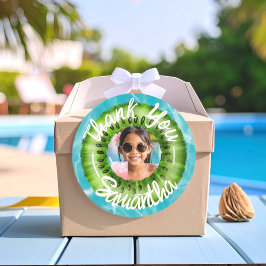 Pegatina Redonda Fiesta de Piscina Verde Brillante Gracias
