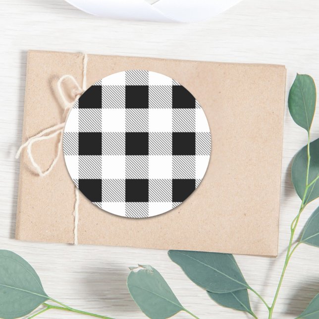 Pegatina Redonda fiesta de plaid búfalo negro y blanco en granja rú (rustic farmhouse black white buffalo plaid party classic round sticker)
