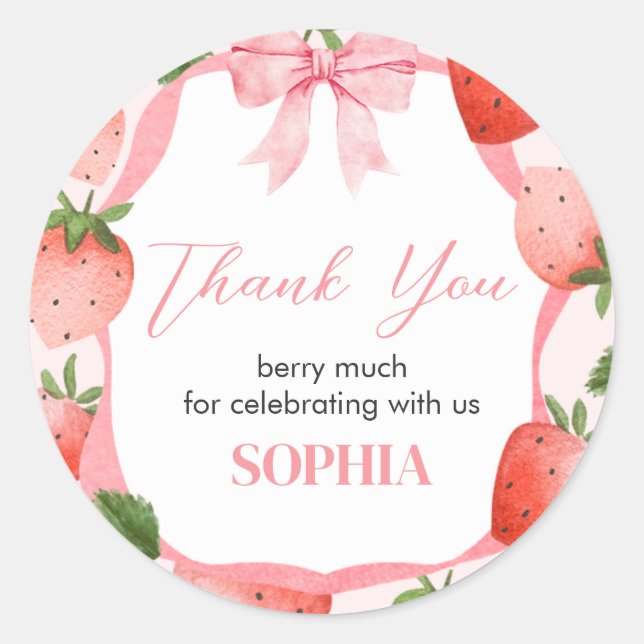 Pegatina Redonda Fiesta de primer cumpleaños de Berry de fresa Rosa (Anverso)