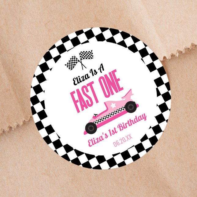Pegatina Redonda Fiesta de primer cumpleaños de Fast One Pink Race  (Subido por el creador)
