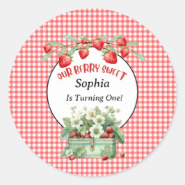 Pegatina Redonda Fiesta de primer cumpleaños de fresa Berry Sweet