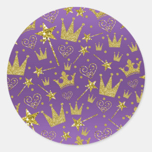Pegatina Redonda Fiesta de Princesas Niñas Purpura y Dorado con Bri