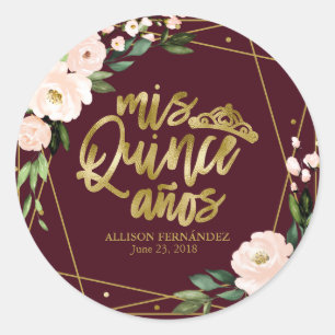 Pegatina Redonda Fiesta de Quinceañera Hoja de Oro Rubor Floral Bor