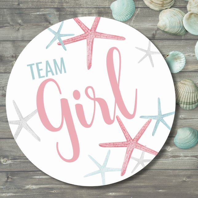 Pegatina Redonda Fiesta de revelación de género de Chica de equipo (Pink & Blue Team Girl Summer Gender Reveal Party Classic Round Sticker)
