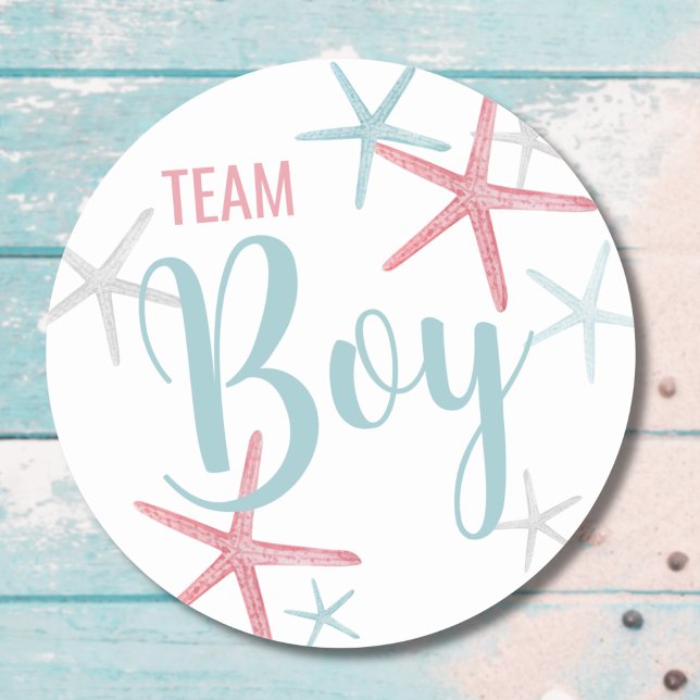Pegatina Redonda Fiesta de revelación de género de Team Boy (Cute Pink Blue Team Boy Summer Gender Reveal Party Classic Round Sticker)