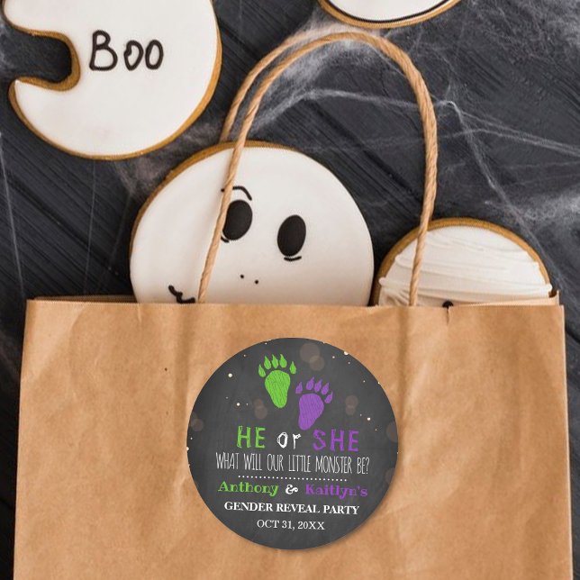 Pegatina Redonda Fiesta de revelación de género en Halloween, peque (Subido por el creador)