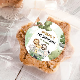 Pegatina Redonda Fiesta de Safari de la Selva Animales Primer Cumpl