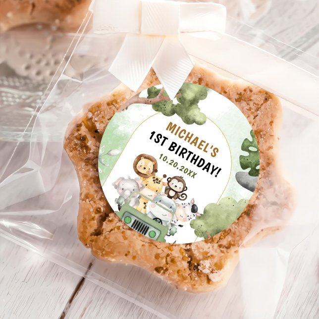 Pegatina Redonda Fiesta de Safari de la Selva Animales Primer Cumpl (Subido por el creador)