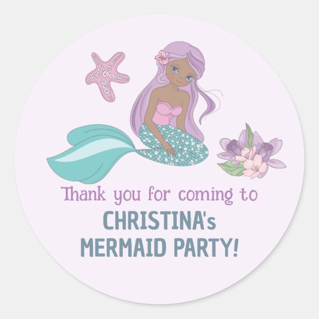 Pegatina Redonda Fiesta de Sirena Chica Negro Cumpleaños Pastel Pur (Anverso)