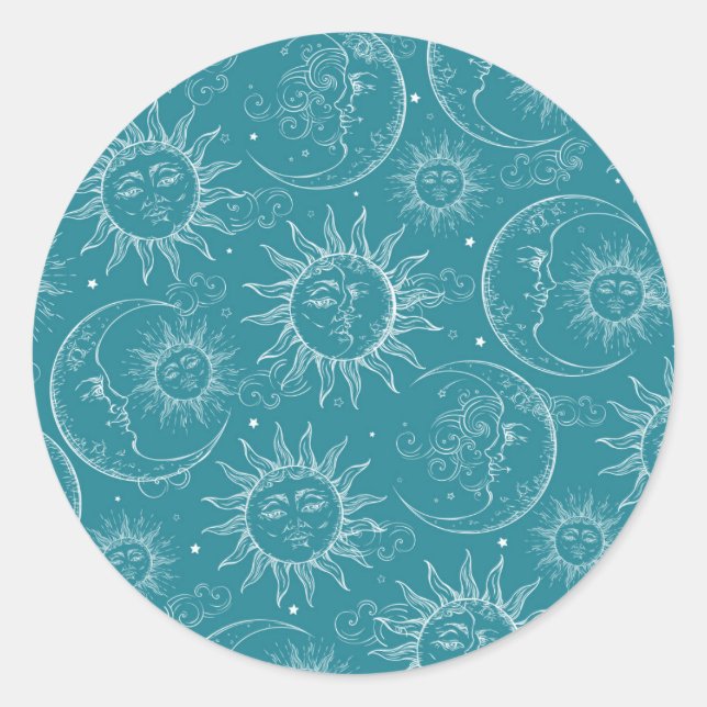 Pegatina Redonda Fiesta de Sol Luna Estrellas Vintage Verde Turques (Anverso)