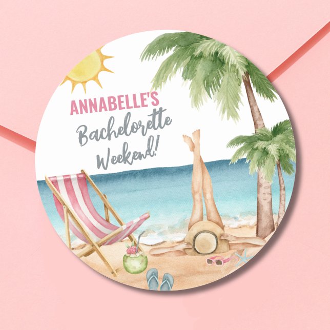 Pegatina Redonda Fiesta de soltera de verano Playa linda (Watercolor Beach Bachelorette Party Classic Round Sticker)