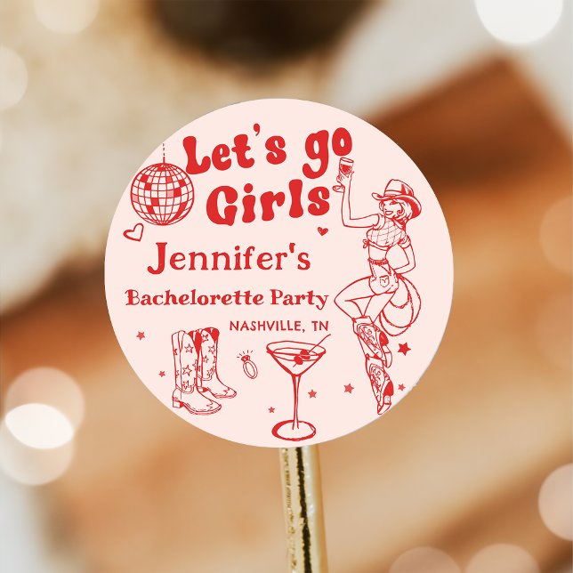 Pegatina Redonda Fiesta de Soltera Disco Vaquera Roja de Rodeo (Subido por el creador)