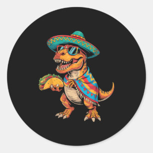 Pegatina Redonda fiesta de tacos T-rex cinco de mayo dino con sombr