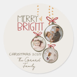 Pegatina Redonda fiesta de tarjetas de Navidades familiares fotográ