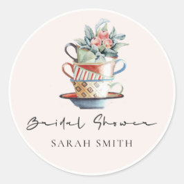Pegatina Redonda Fiesta de té con ducha de novia floral apilada por