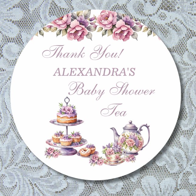 Pegatina Redonda Fiesta de té de Lilac floral rosa Baby Shower Favo (Subido por el creador)