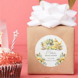 Pegatina Redonda Fiesta de té de novia de limón vintage, gracias