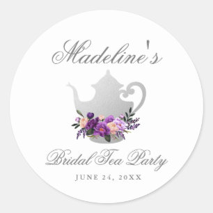 Pegatina Redonda Fiesta de té ducha de novia violeta púrpura