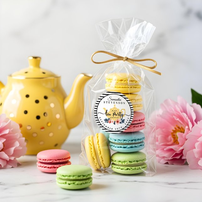 Pegatina Redonda Fiesta de té floral amarillo Teapot Stripe Baby Sh (Yellow Floral Tea Party Teapot Stripe Baby Shower Classic Round Sticker)