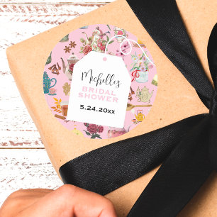 Pegatina Redonda Fiesta de té moderna de flores de jardín rosadas p