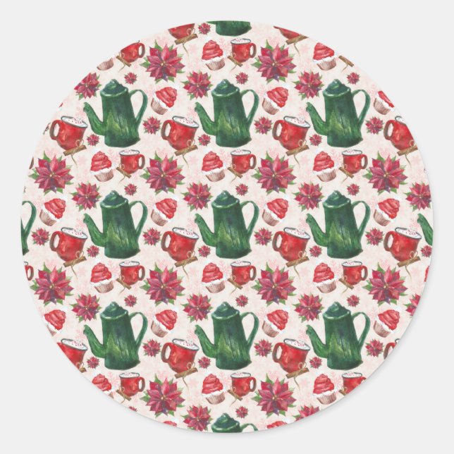Pegatina Redonda fiesta de té navideño acuarela (Anverso)
